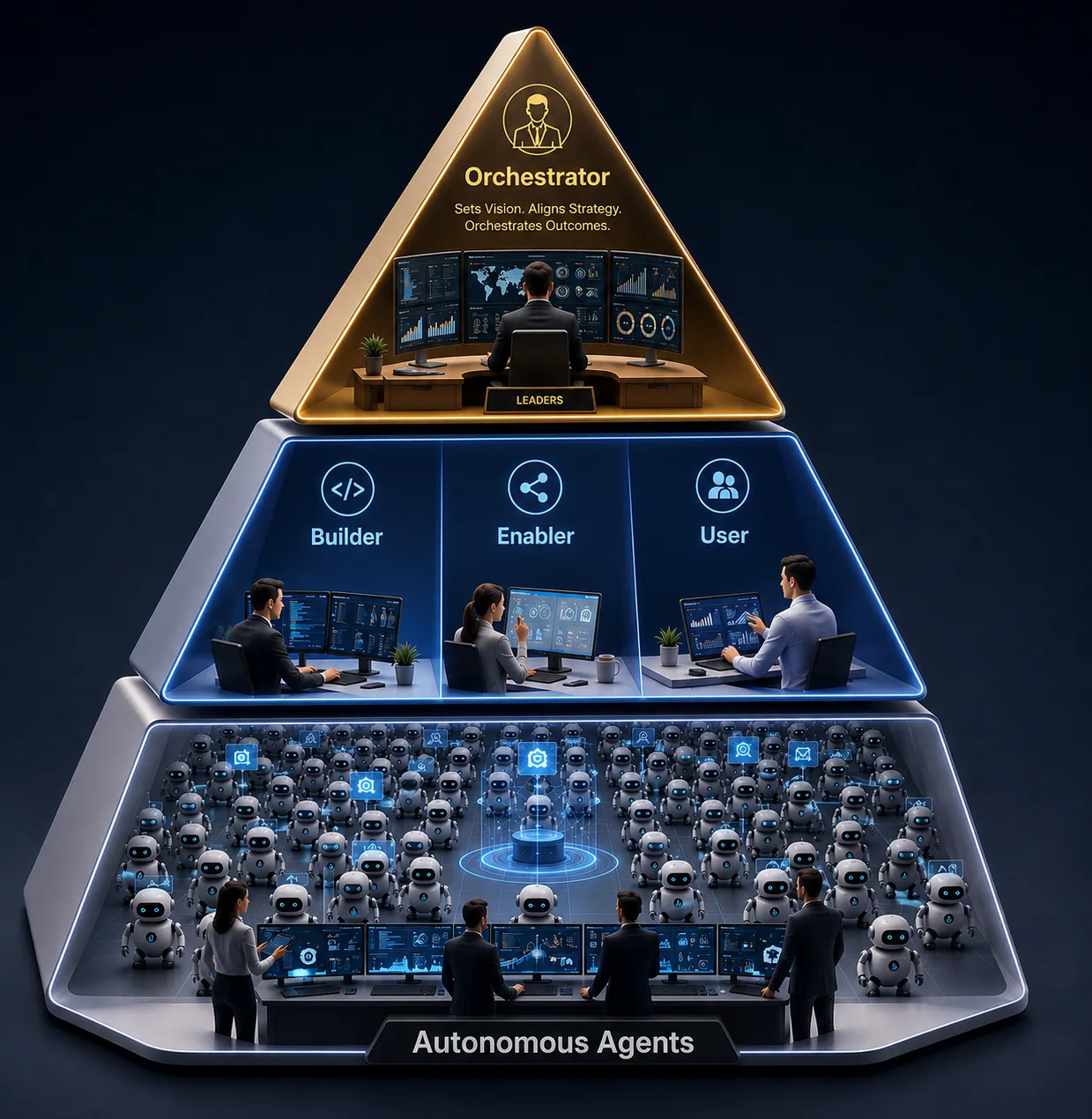 A three-tier model: orchestrators setting direction at the top, builders, enablers and users in the middle, and a base of autonomous agents